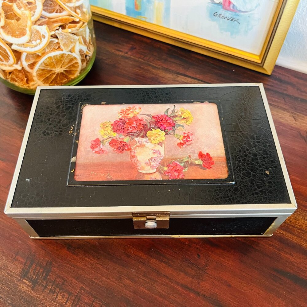 Antique 1920s Box Wood Metal Leather Floral Grandma Cottagecore Americana Histor - Picture 8 of 15